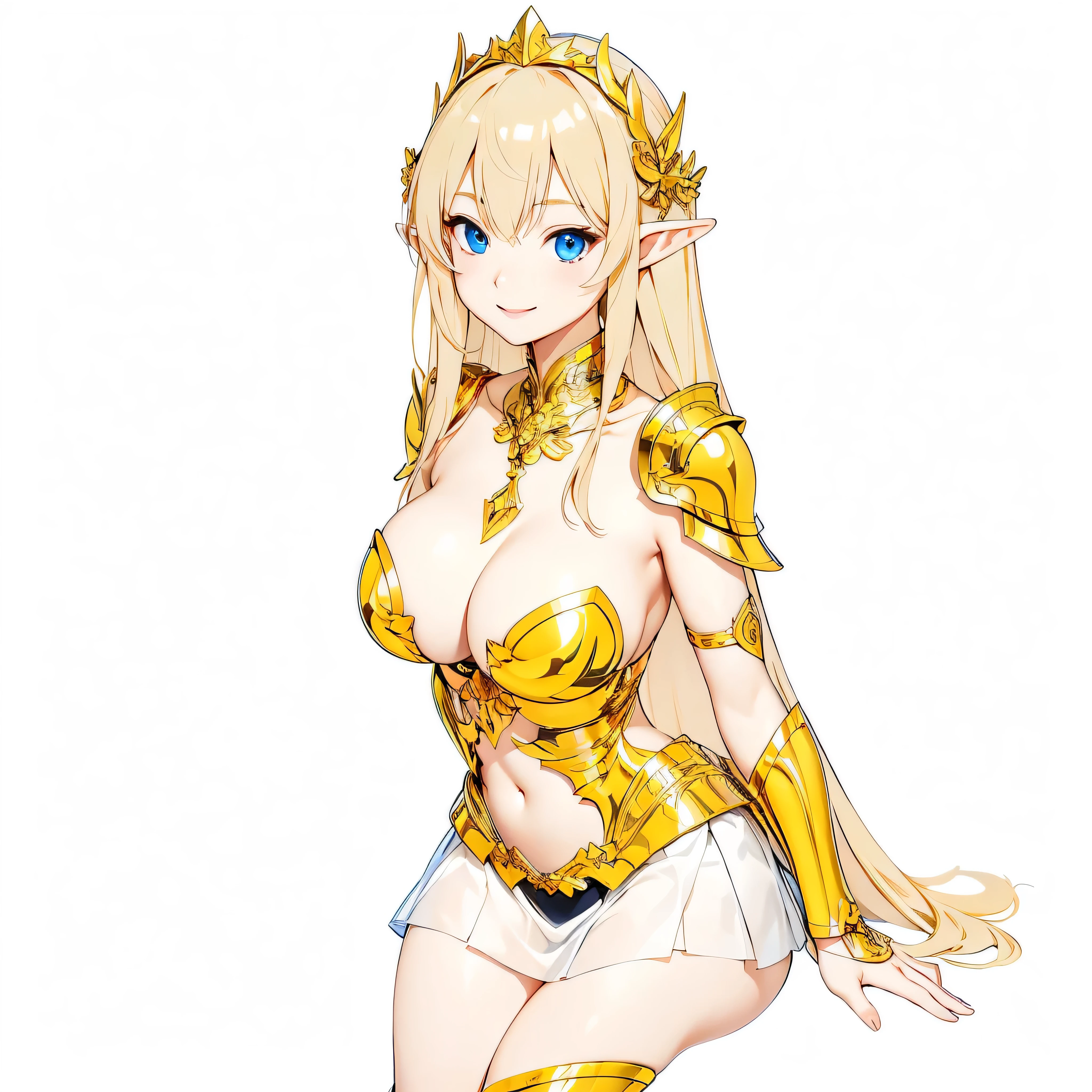 Highest quality、Very detailed、High resolution、１６ｋ、Thin contours、耳の長いElf、Nipples are visible、Shining golden armor、Gold bikini armor、Very large breasts、Very large breasts、Very transparent white skirt、Black pants、chest proportion、Smile of the Goddess、Elfの、Very white skin、Beautiful fingers、Perfect Style、Elf、No bra、Blonde hair and blue eyes、Cool smile