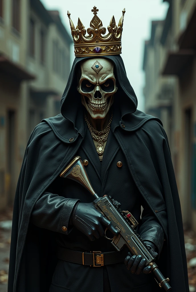 Skull and gun together with crown cholo thug criminal drug trafficker evil murderer mercenary psychopath leader triumph