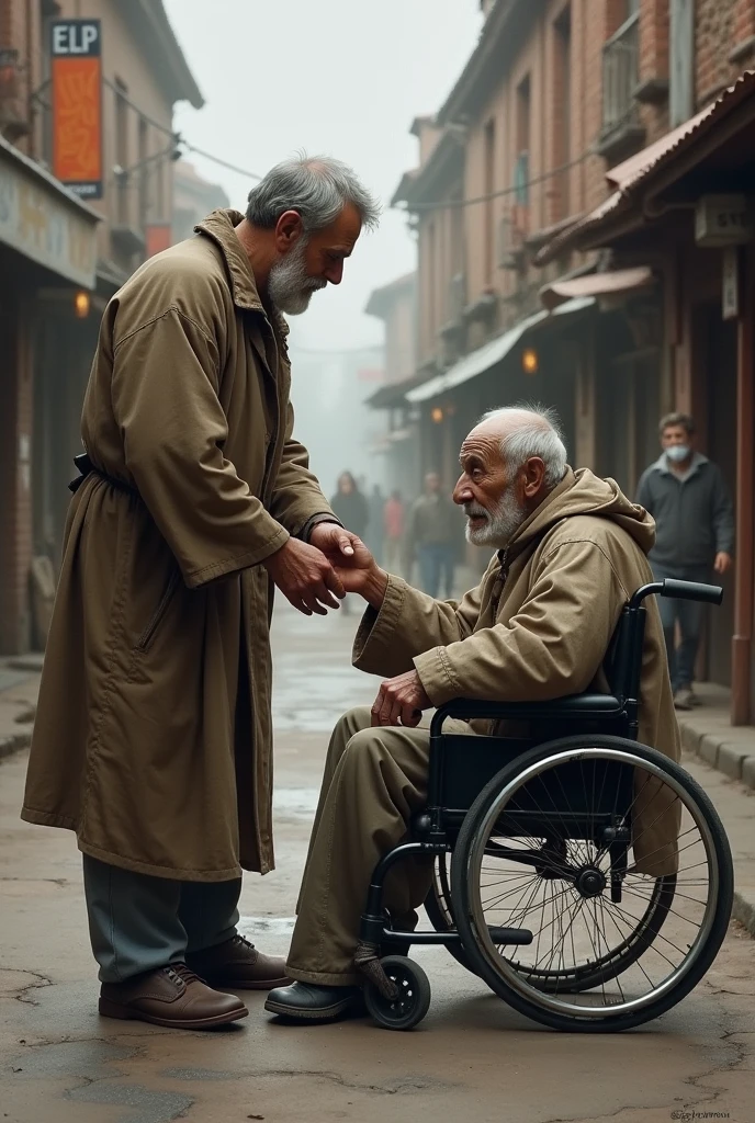 Generate a man giving alms to a sad beggar sitting in a wheelchair