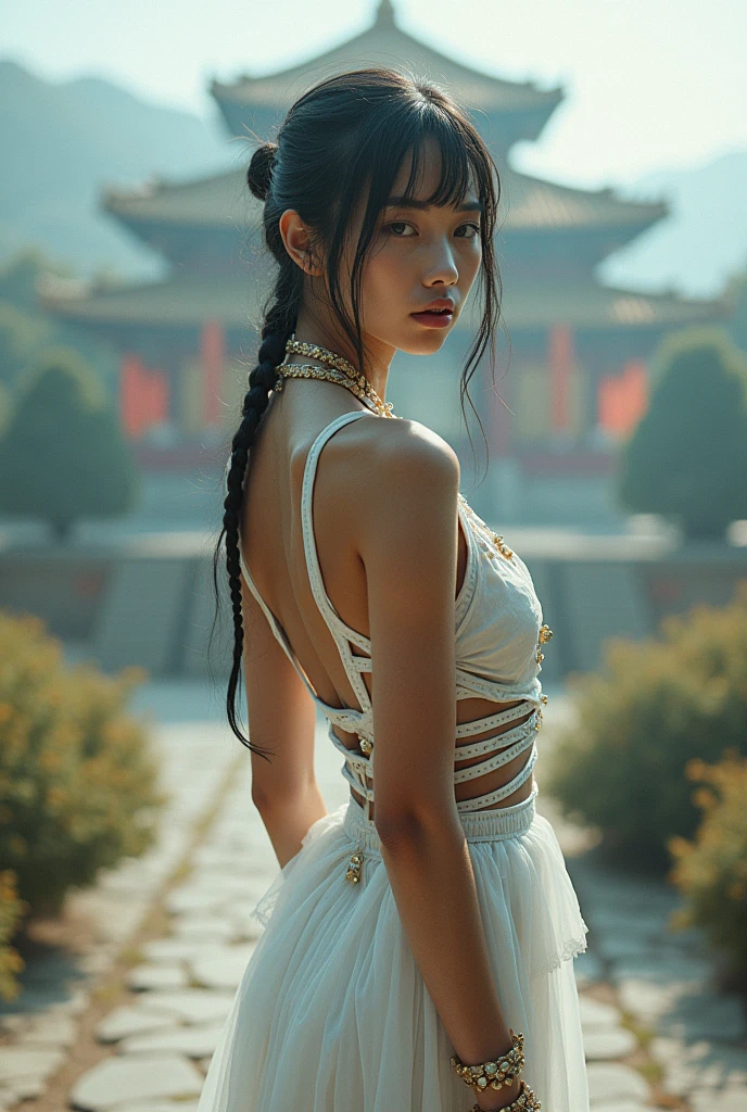 editorial photography,super detailed background,Super realistic,double exposure,depth of field,beauty super slender skinny korean vibes,soft focus tone,narrative scene,wabi-sabi,open lips,Afro cornrow hairstyle,multilayer structure exoskeleton female,geometric Art Nouveau,alphonseMucha style,At the Tibetan temple,looking back,