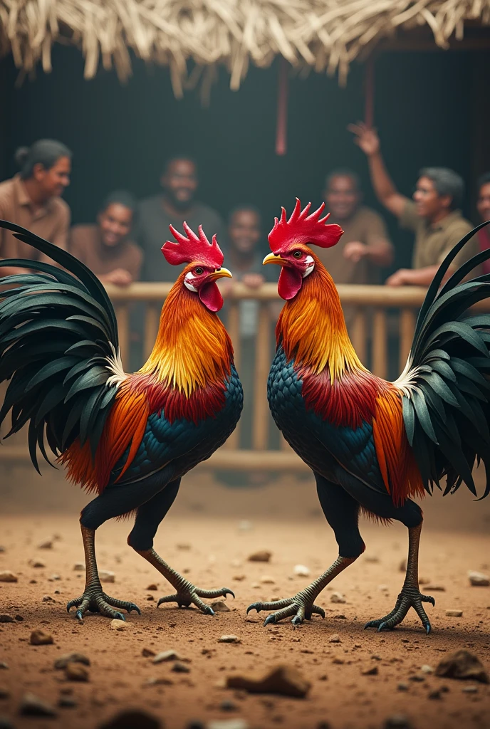Fighting cocks fighting in a ring