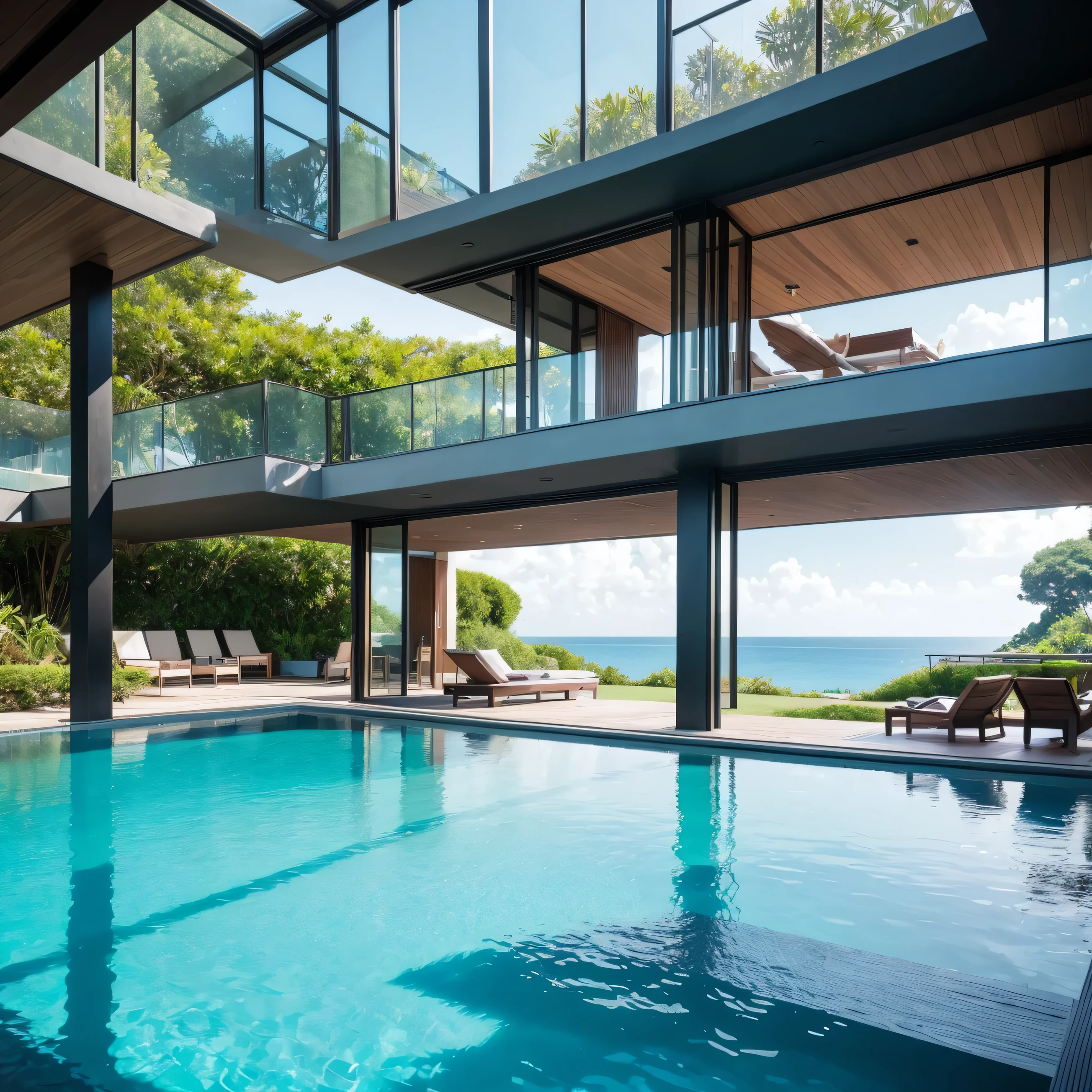 Create a highly detailed and super realistic photo of a man and his fiend far away from photografer swimming in a swimming pool in an exotic villa. The villa is designed with luxurious surroundings, featuring expansive floor-to-ceiling windows, elegant architecture, and a stunning view of the ocean or lush greenery. gazing out at the serene landscape. The image should capture the essence of a high-end retreat, with vibrant colors, detailed reflections in the water, and warm, natural lighting that enhances the overall tranquility and luxury of the scene.