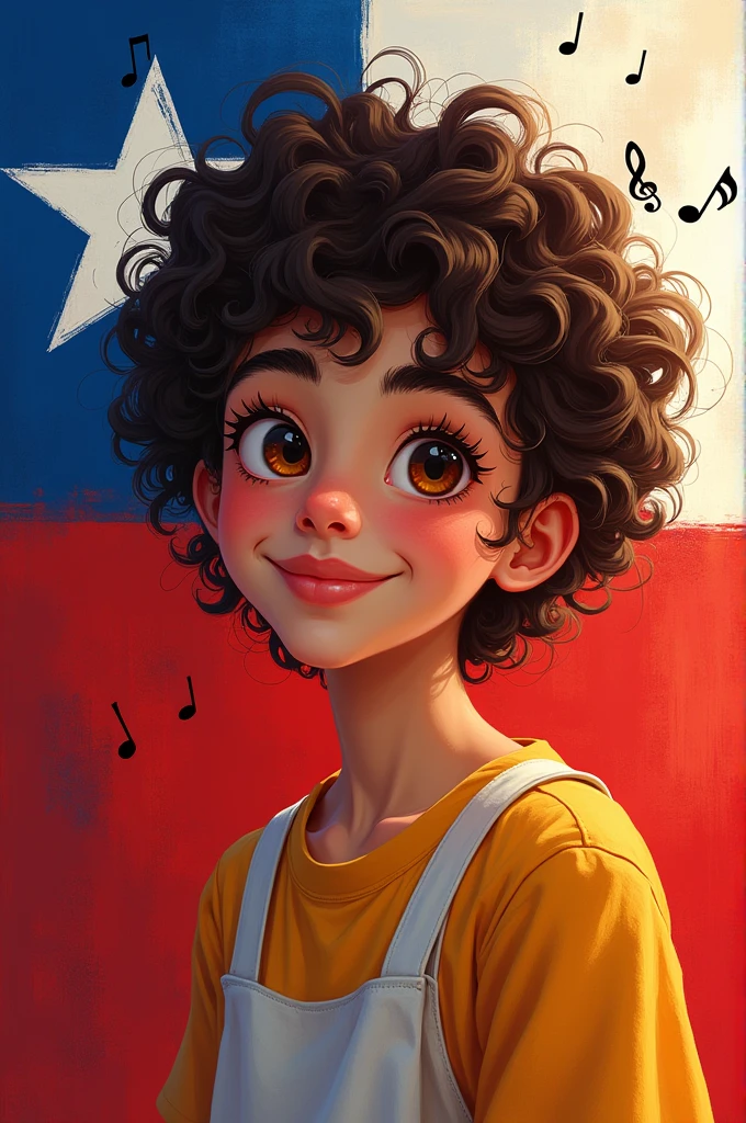 Light-skinned student with brown eyes and curly hair with a Chilean flag in the background and musical notes in the air