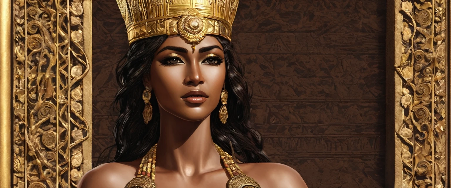 create a good quality image, of the Sumerian goddess innana, She is represented as a beautiful winged woman with perfect qualities, She is usually seen completely ?????, wearing nothing but his crown and some gold ornaments. She was usually shown with some of her symbols., like swords. She is a warrior goddess, of fertility, beauty and love, caramel skin color. nipples covered with hair, very small breasts. dark skin tone.