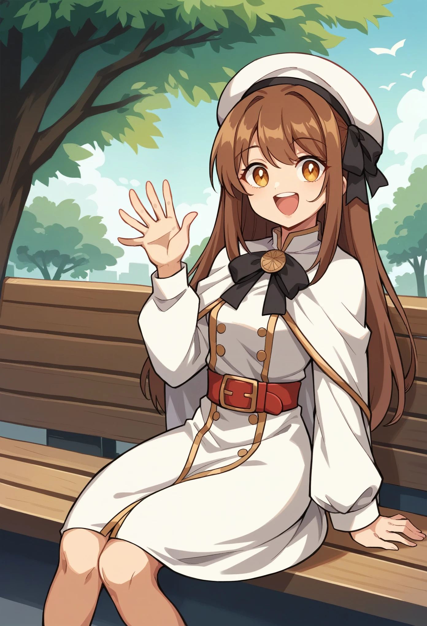 (masterpiece:1.2, Highest quality),Visible from the knees to the head, ,Golden Eyes,Drooping eyes,smile,Laughing with open mouth,(Brown Hair),Intake,Long Hair,Wearing a beret,White dress with gold trim,Short white cape,Red Belt,Black Ribbon,Tree-lined street,Sitting on a bench,Waving