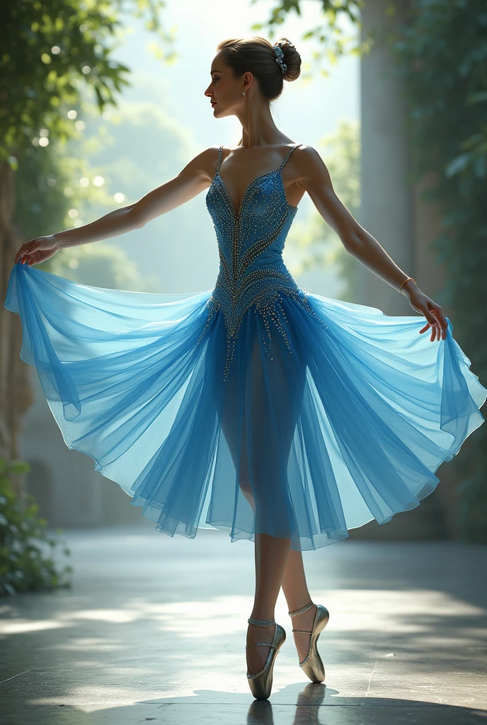 Classical ballerina blue studded outfit light and beautiful scenery without dark background and with luxurious details 