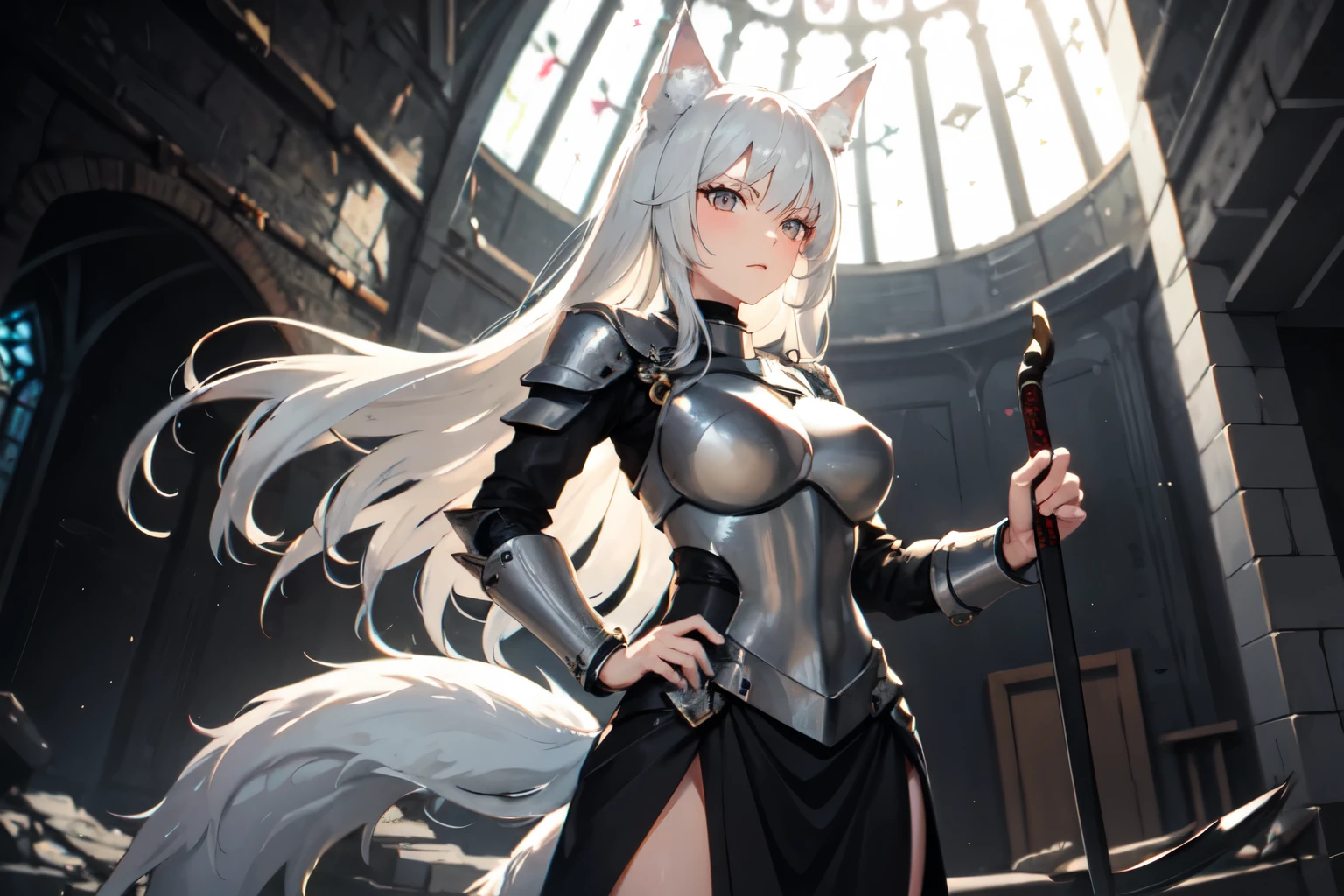 Female. Wolf Ears and Tail. Dark Clothing. Breastplate. Dynamic Pose. Silver White Hair. Holding a Naginata. Stern Look. Dilapidated Chapel Background.