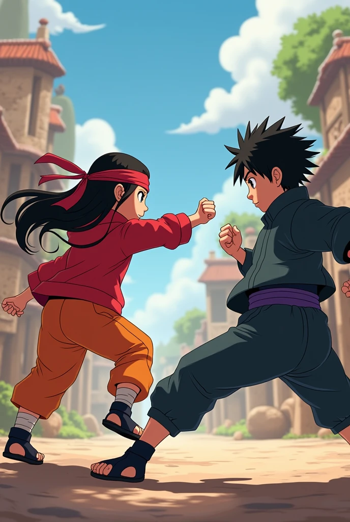 Naruto girl child, with bandana lutando com a versão de. Sasuke child fighting, with bandana, female version, long hair, punching and kicking combat, Disney pixar style.