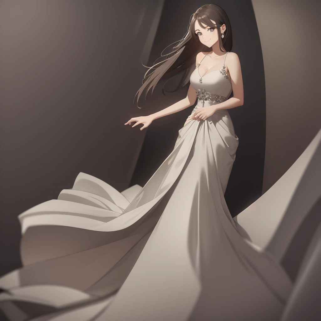 beautiful woman standing; smiling sadly; wearing elegant dress;
