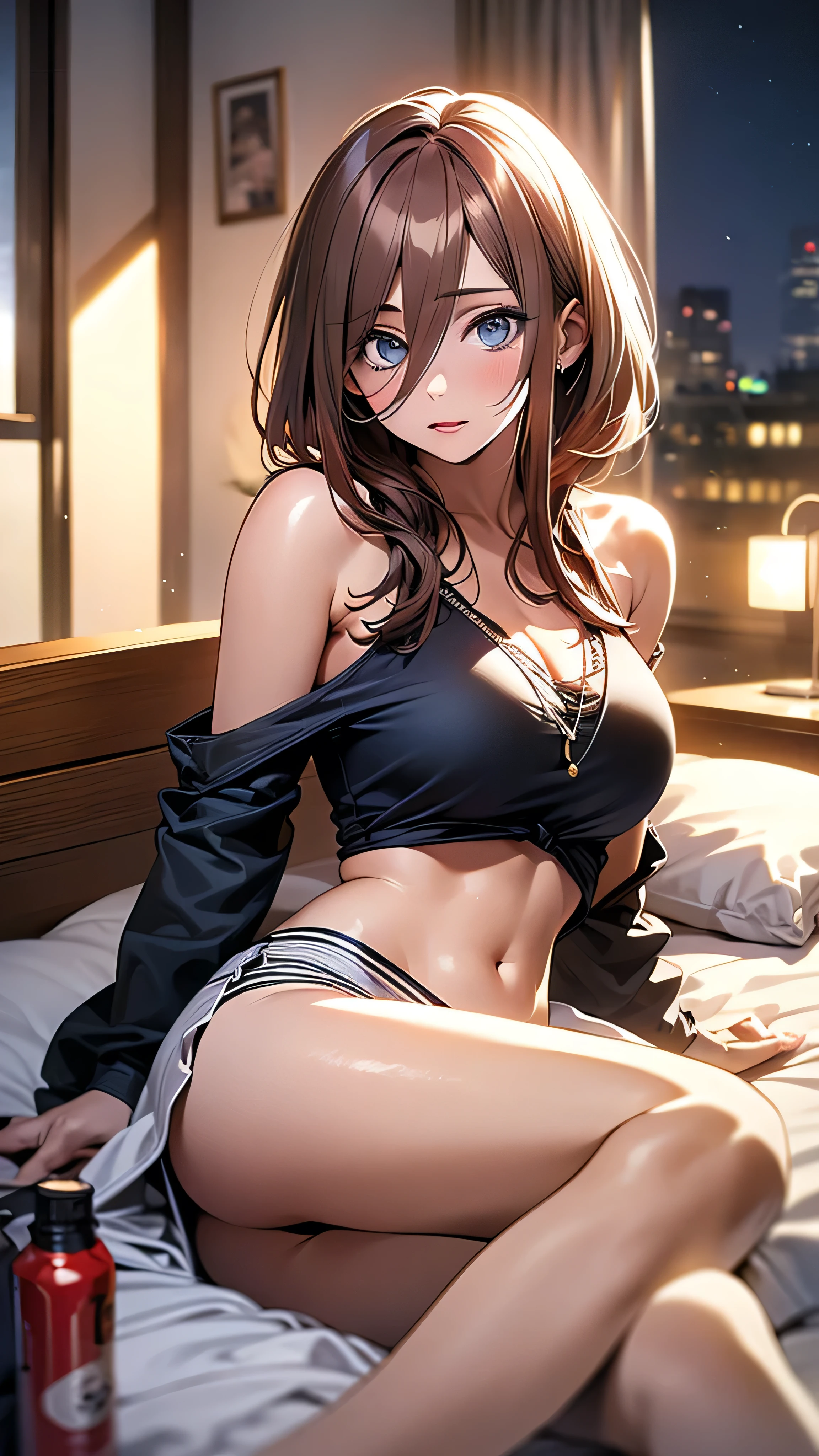 a beautiful young woman with long reddish-brown hair,big blue eyes with long eyelashes,extremely detailed face,smooth vibrant anime-style skin texture,perfect busty figure,confident alluring pose,legs slightly spread,white panties visible,hotel room night scene,soft lighting,romantic sultry atmosphere,(best quality,4k,8k,highres,masterpiece:1.2),ultra-detailed,(realistic,photorealistic,photo-realistic:1.37),HDR,UHD,studio lighting,ultra-fine painting,sharp focus,physically-based rendering,extreme detail description,professional,vivid colors,bokeh,portraits,anime