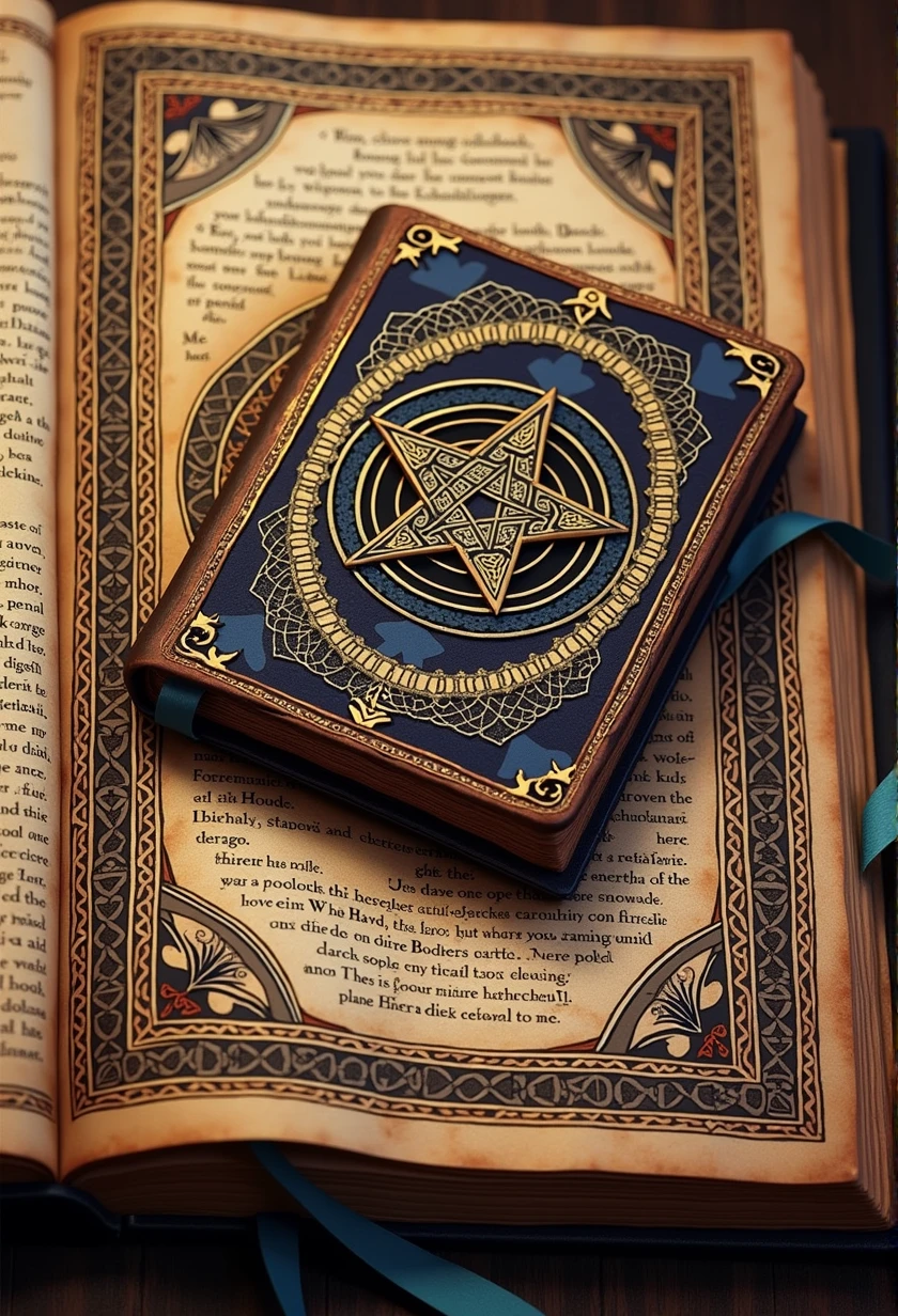 There is an image of a book with a Thirteen Pointed Star on it, spell book, Grimoire Page, grimoire, pentacle, Intricate secret Wiccan patterns, The Ritual of Demonic Magic, Home Wicca Scene, Chaos Magic, Floating Spell Book, Occult aesthetics Alchemy, Style "Necronomicon", Pagan occultism, Grimoire Holding