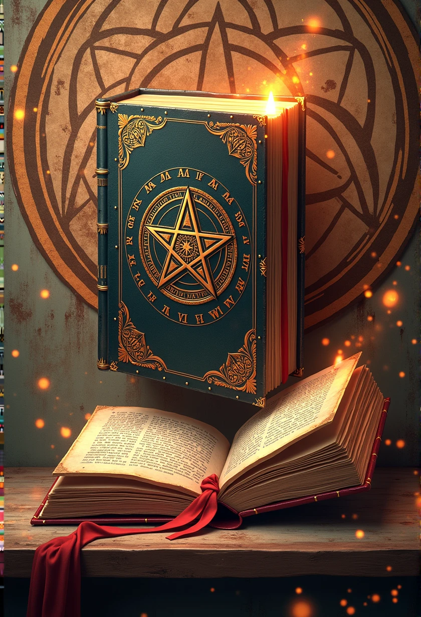 There is an image of a book with a Thirteen Pointed Star on it, spell book, Grimoire Page, grimoire, pentacle, Intricate secret Wiccan patterns, The Ritual of Demonic Magic, Home Wicca Scene, Chaos Magic, Floating Spell Book, Occult aesthetics Alchemy, Style "Necronomicon", Pagan occultism, Grimoire Holding