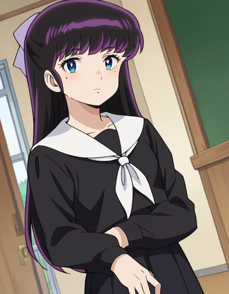 score_9, score_8_up, score_7_up, source_anime,
ryoukomendou, ryouko mendou, long hair, blue eyes, purple hair, bow, hair bow, mole, mole under eye,
skirt, school uniform, serafuku, shirt, black shirt, white sailor collar, long sleeves, black skirt, neckerchief, white neckerchief,
indoors, classroom, hallway,
looking at viewer, cowboy shot, dutch angle,