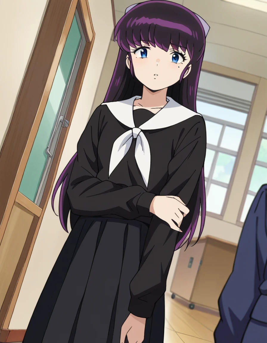 score_9, score_8_up, score_7_up, source_anime,
ryoukomendou, ryouko mendou, long hair, blue eyes, purple hair, bow, hair bow, mole, mole under eye,
skirt, school uniform, serafuku, shirt, black shirt, white sailor collar, long sleeves, black skirt, neckerchief, white neckerchief,
indoors, classroom, hallway,
looking at viewer, cowboy shot, dutch angle,