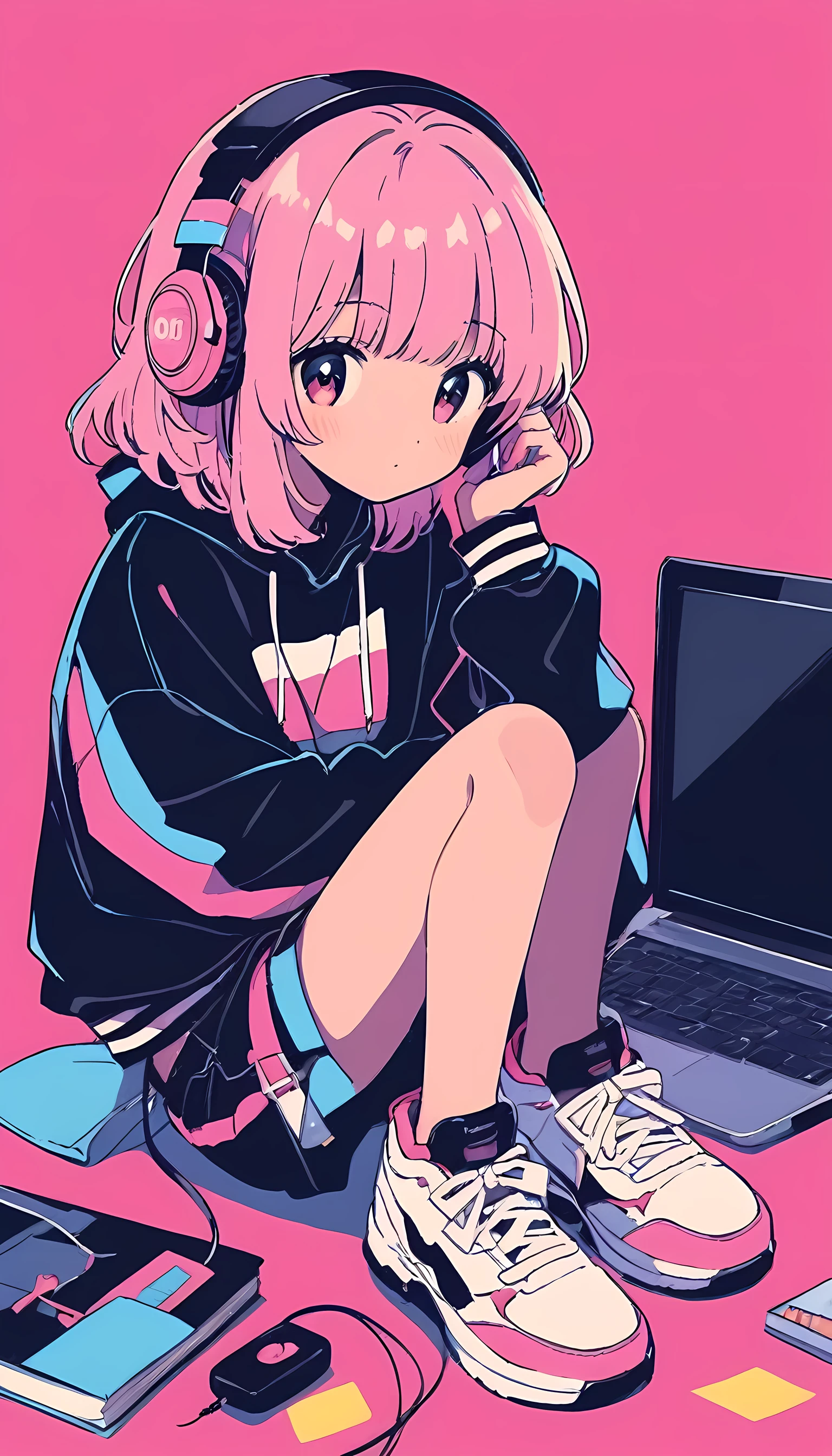 anime image of a girl with headphones on sitting in front of a laptop, 8 0 s anime vibe, lofi artstyle, lofi girl, in the art style of 8 0 s anime, lofi art, lofi vibe, 8 0 s anime style, 8 0 s anime art style, lofi hip hop, lofi vibes, today's featured anime still