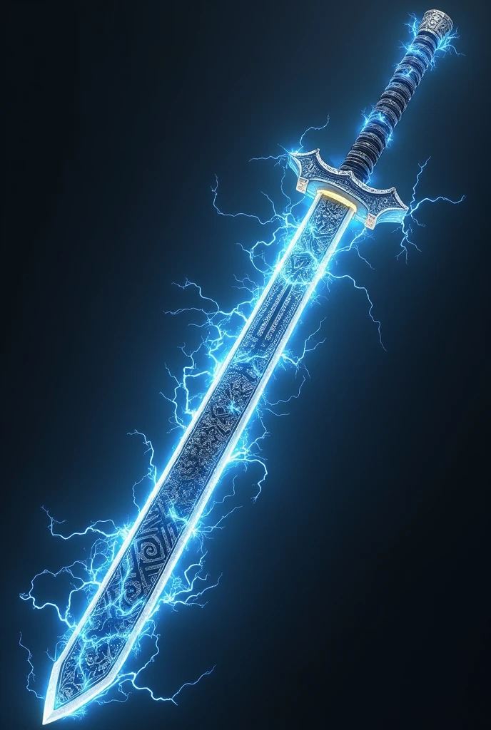 create this object, the katana elongates and lights up with yellow and blue electric flames that dance across its surface, with energy pulsing through the engravings, increasing in intensity as the wielder channels his will. the metallic material appears to stretch and mold into a new shape, maintaining the electric blue glow in details and edges, with engraved symbols that glow with electricity
