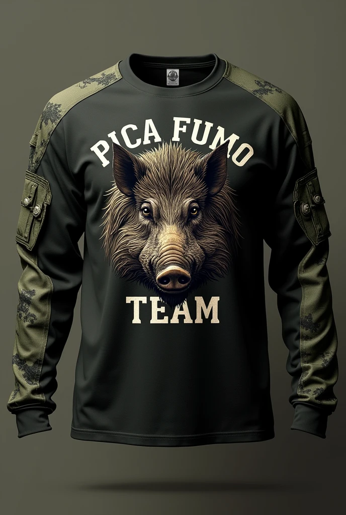 LONG SLEEVE MILITARY T-SHIRT IN BLACK WITH MOSS GREEN SLEEVES WITH AN IMAGE OF A BOAR AND REAL 556 RIFLES , Written "PICA FUMO TEAM " IMPROVE IMAGE REALISM