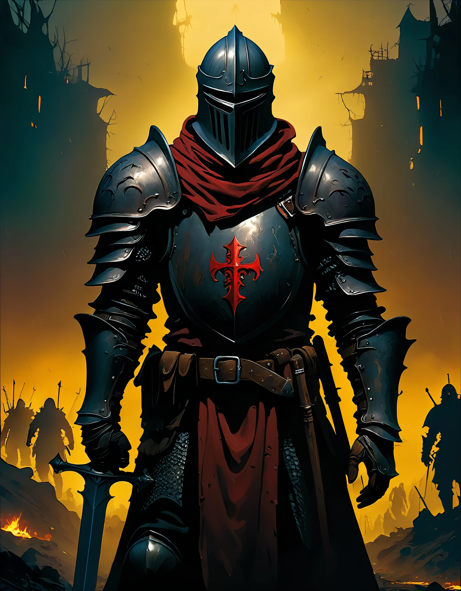 knight, dark fantasy, post-apocalyptic, directed by Guillermo del Toro, high detail, dynamic lighting, realistic shadows, digital painting, epic scale, hellish atmosphere