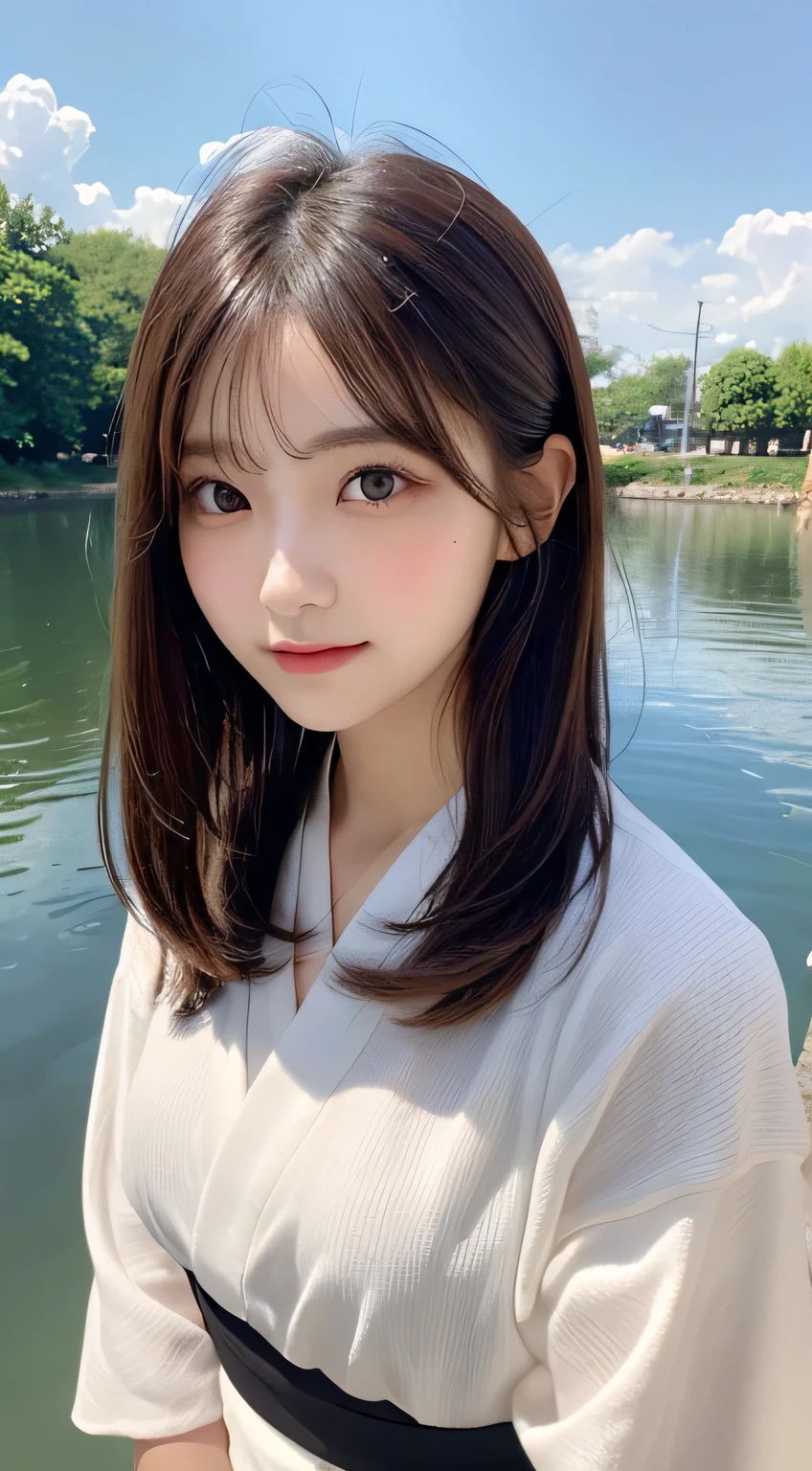 table top, highest quality, shape, Super detailed, finely, High resolution, 16K, perfect dynamic composition, straight hair, medium hair, brown hair,Natural color lip, smile, 20 year old girl、cute、beautiful、Perfect and beautiful face, beautiful and detailed face, slim face and body, elegant face, KPOP idol face、Japanese idol faces、small face、Big eyes, brown eyes, droopy eyes, Dense and beautiful eyes, girl, no bangs, near the river、yukata、