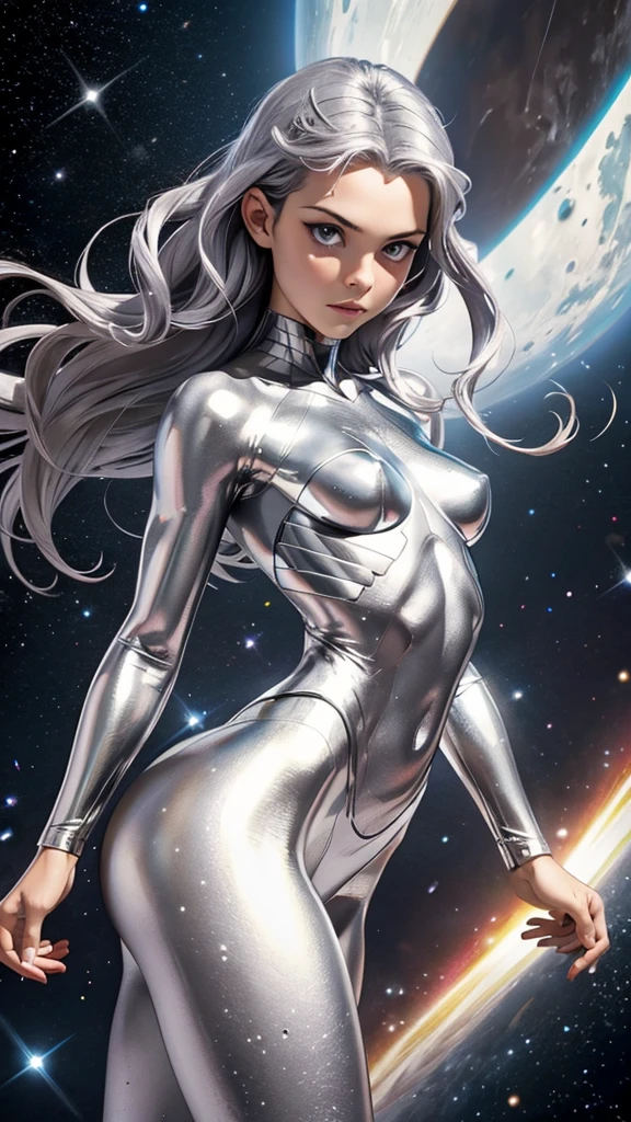Silver Surfer, (Marvel comics), sexy silver girl, toda su piel esta cubierta de mercurio líquido, powerful, Mercury skin, piel plateada, cuerpo plateado, silver face, silver hair, silver skin, silver body, naked, nude, desnuda, mercurio liquido adherido a su piel, Young, skynny body, small and beautiful silver buttocks, toned silver abdomen, small and beautiful silver breasts, very sensual, she is flying in the space, she is shooting energy rays with her hands, naves espaciales, planeta tierra en el fondo, planeta haciendo explosión, destroyed moons in the background, Dramatic background, alien invasion, sensual look, Beautiful silver eyes, classic hairstyle,Hair dyed in bright silver color, best quality,4k,8k,A high resolution,masterpiece,Ultra detailed,realistic, Photorealistic,photo realistic, ultra realistic, gran definición,