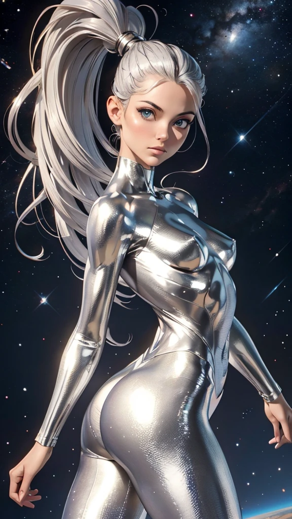 Silver Surfer, (Marvel comics), sexy silver girl, toda su piel esta cubierta de mercurio líquido, powerful, Mercury skin, piel plateada, cuerpo plateado, silver face, silver hair, silver skin, silver body, naked, nude, desnuda, mercurio liquido adherido a su piel, Young, skynny body, small and beautiful silver buttocks, toned silver abdomen, small and beautiful silver breasts, very sensual, she is flying in the space, she is shooting energy rays with her hands, naves espaciales, planeta tierra en el fondo, planeta haciendo explosión, destroyed moons in the background, Dramatic background, alien invasion, sensual look, Beautiful silver eyes, classic hairstyle,Hair dyed in bright silver color, best quality,4k,8k,A high resolution,masterpiece,Ultra detailed,realistic, Photorealistic,photo realistic, ultra realistic, gran definición,