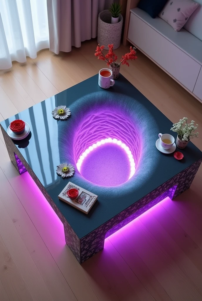 Small square coffee table handcrafted, featuring a reflective glass top that creates a visual effect of a stunning tunnel-like interior, lit from the inside by warm purple LED lighting.. The sides are covered with wallpaper that simulates the look of 3D textured wallpaper.. The table is decorated with simple decorations such as small flowers, a cake and accessories containing a red rose and a coffee cup.. The table is placed on a light-colored wooden floor.. The table design combines simplicity and elegance with a touch of modernity, making it a distinctive piece of art in any room or living room.