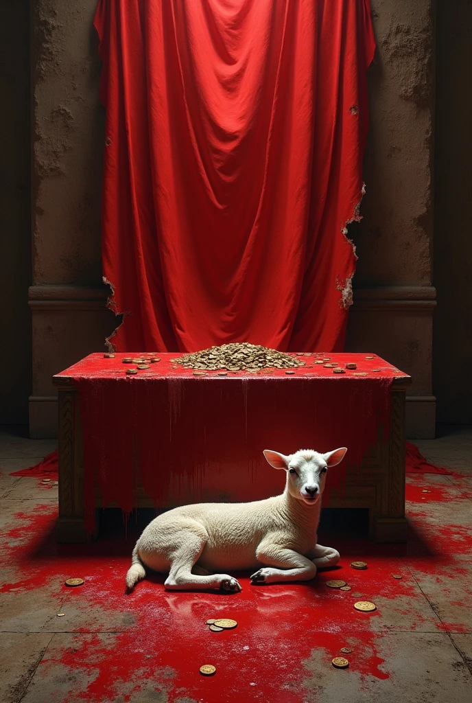 An altar stained with red paint with a lamb and coins on the floor and a curtain torn from the bottom behind the altar