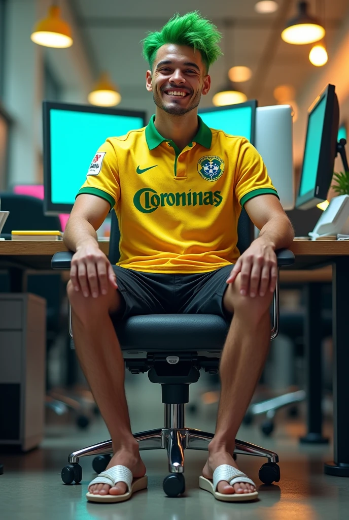 Um homem brasileiro, with green hair, Corinthians shirt, with black shorts and white flip-flops sitting in a secretary chair
