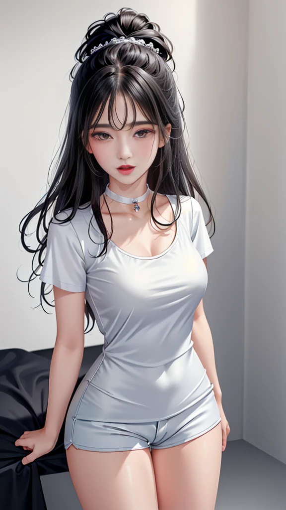 Black Hair,(Long hair),black eyes, (Glowing eyes),(Black dress:1.2),,,pleasure,charming的面部表情,Aheiyan,charming,blush,Shy,surprise,panic,Shy,shame, Wink at someone,comfortable,call,open mouth,Slobber,,Fair and rosy skin,Ruddy complexion,Sweat,wet,Caress，sexual pleasure,Endure pleasure,leave,charming的表情, Detailed description,Break(masterpiece), (close up), (best quality), Very detailed, (close up) beautiful, beautiful, (close up), (A beautiful Girl), (collar, collar), Delicate pink areola, (Delicate skin painting), (cheeky: 1.4), Top CG quality 8k wallpaper, Practical, Master Level, masterpiece, portrait, (1 girl), Perfect Miss Body, (((Tight white T-shirt))), beautiful eyes, (Delicate face), Black short hair, Tie your hair up, 光 blue hairpin, Black Silk Frame Glasses, (White skin), (Optimal Lighting), (Super intricate details), 4K Unified, (Very detailed CG), Showing off her white legs, , Hot Pants, shorts,