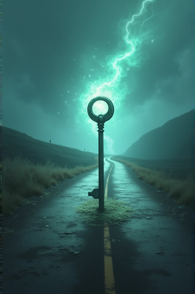 An illustration of a road surrounded by energy and a key stuck in the ground