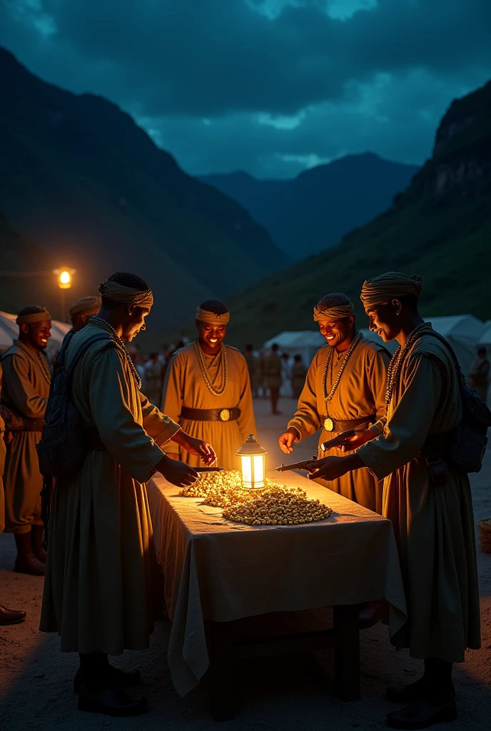 An ultra-high-resolution scene featuring multiple happy Ethiopian military guards from the 1920s, dressed in traditional military uniforms. They are standing in a dimly lit camp located in a serene valley at night. The guards are exchanging weapons for gold, which is carefully piled on a table covered with a cloth. The camp is illuminated by a few lanterns, casting warm glows on the faces of the guards and highlighting the surrounding mountainous terrain. The atmosphere is lively and celebratory, reflecting a successful exchange."