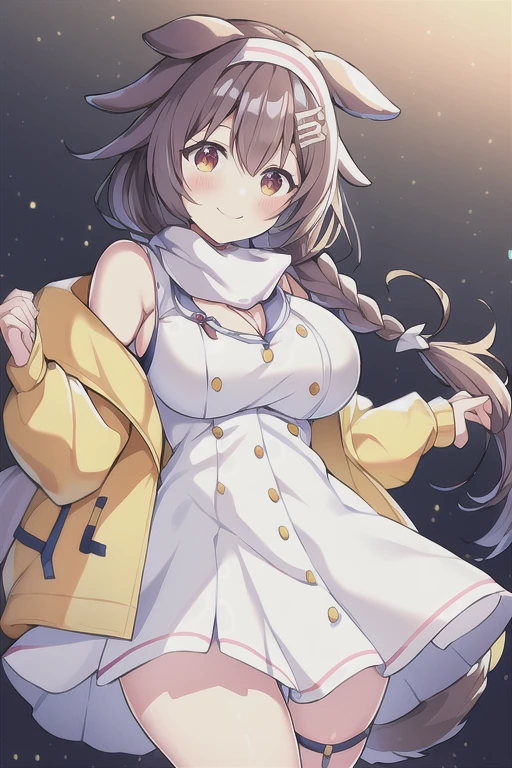 Korone, smile, dog ears, dog tail, twin braids, sidelocks, hair ornament, ((white dress)), yellow jacket, dress, jacket, open clothes, open jacket, short dress, sleeveless dress, large breasts, thick thighs, mature female, bandana, scarf, hourglass figure