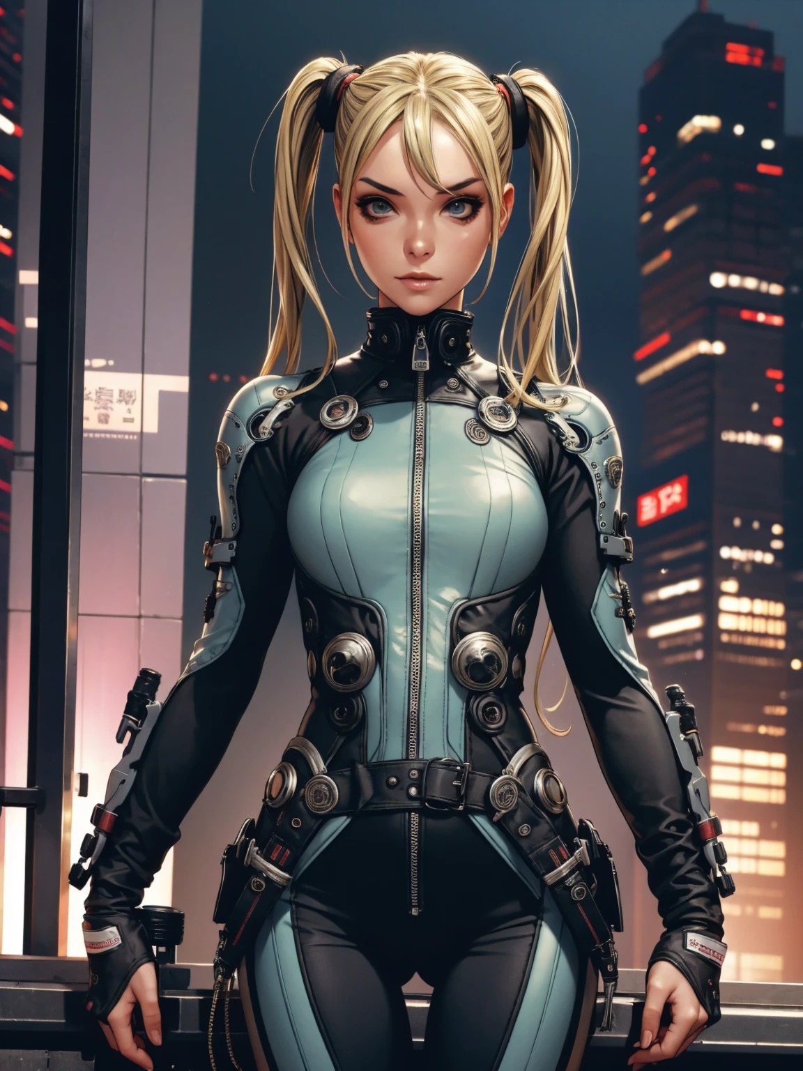 A very cute and wicked girl at the same time, biker clothes, Motorcycle of the future, Tokyo of the future, blonde, ponytails hair, cyberpunk biker jumpsuit, holding a skull shaped helmet, in the background a futuristic city with futuristic skyscrapers, tight clothing, intricate visual