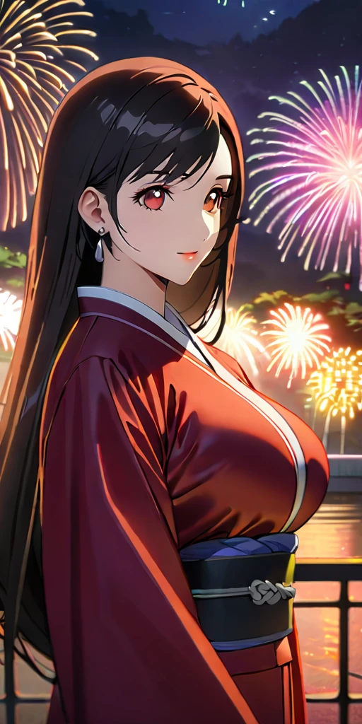 (((((tifa lockhart:1.5))))),((Highest quality、masterpiece、anime style、best quality、high resolution、8k、detailed、ultra-detailed:1.3))、Long legs:1.2, Beautiful woman with perfect figure:1.4、(Smiling:1.2), double eyelid、30-year-old female、((((One Woman,beautiful face,Beautiful face:1.5)))),Big Breasts、High resolution, accurate, Anatomically correct, High-resolution model, high quality, Very detailed, Ultra high definition、Black Hair、Straight Hair、Long Hair、(((long kimono、night,fireworks:1.5)))