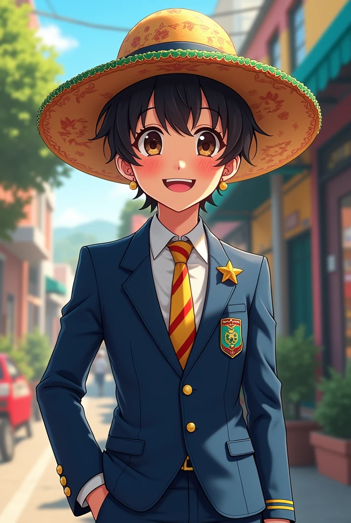 Anime character in suit with Brazil hat happy