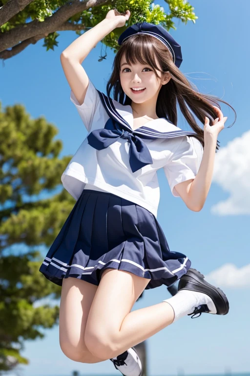 Beautiful woman、High school girls、Sailor suit、Jumping from a tree、Anime Style