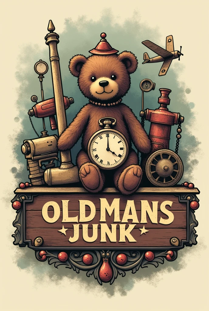 Make me a logo with vintage toys and curious things with the name of my old man&#39;s junk