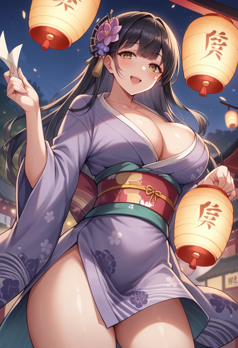 1girl, solo, long hair, ???????, looking at viewer, blush, smile, open mouth, bangs, ?????????????, black hair, hair ornament, cleavage, brown eyes, flower, :d, thighs, japanese clothes, shiny, hair flower, kimono, shiny skin, sash, tattoo, night, obi, from below, yukata, lantern, purple kimono, paper lantern, festival