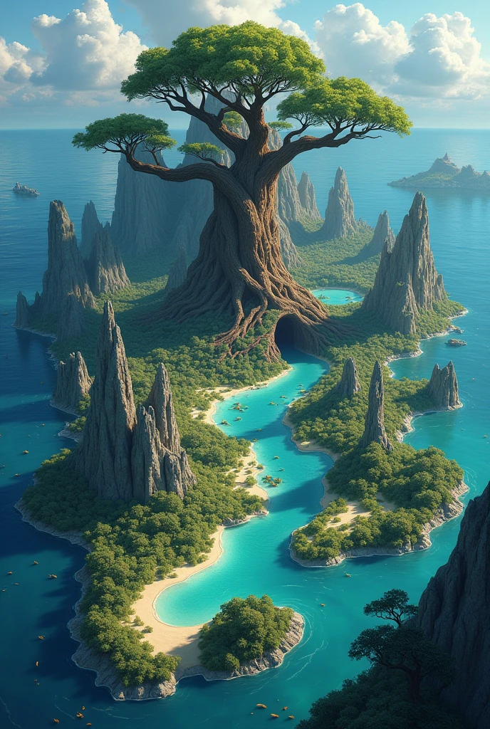 Create a map like Panguea, that three kingdoms can be seen: the water kingdom, the rock kingdom and the wild kingdom. In the water kingdom, a tree can be seen, that is the entrance to the kingdom.