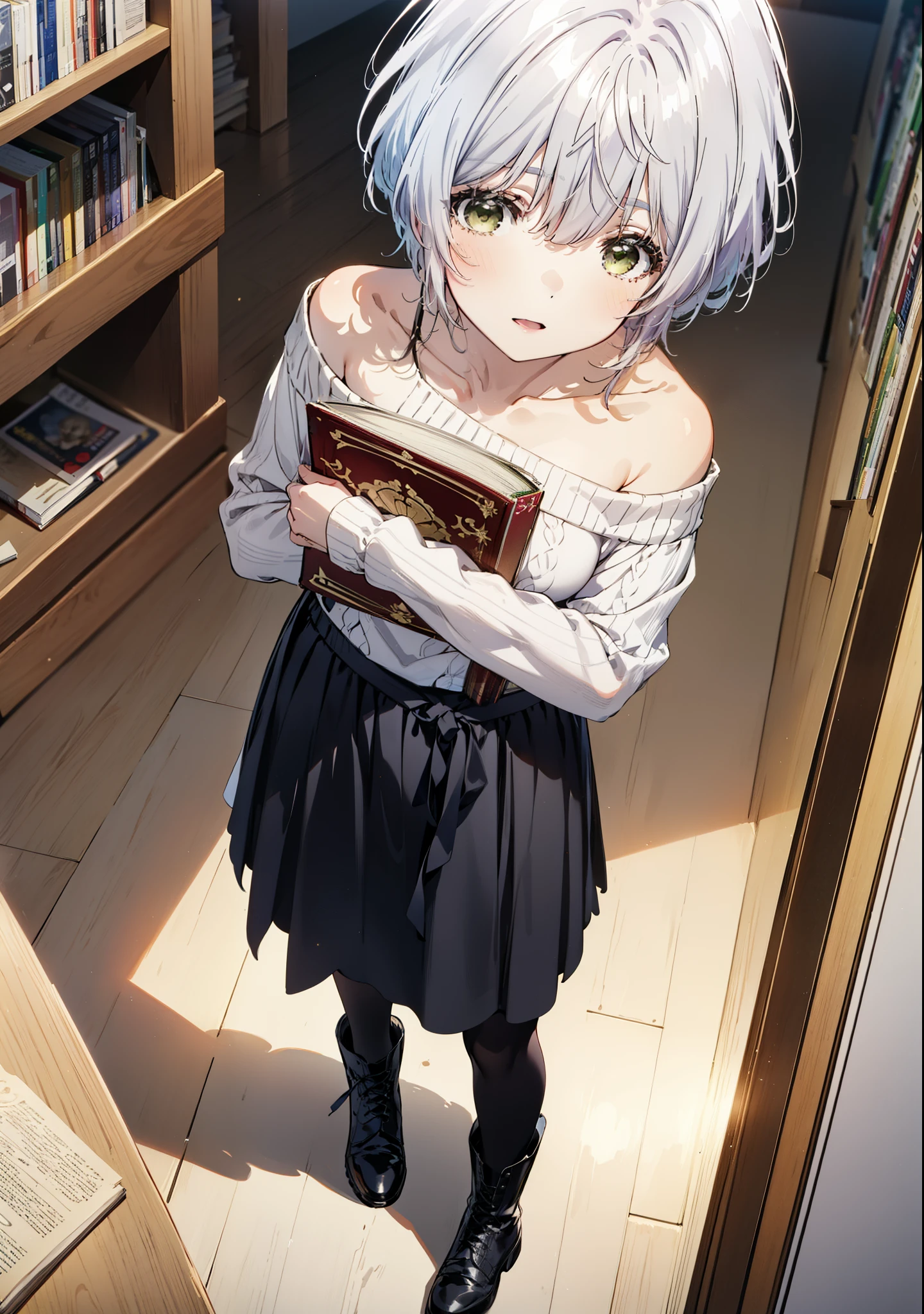 fuukakikuchi, fuuka kikuchi, short hair, bangs, Hair between the eyes, (Green Eyes:1.3),smile,Open your mouth,Grey Hair,One-shoulder sweater,Long skirt,Black pantyhose,short boots,Holding a book in both arms,Bookshelf,There are many books piled up on the table,whole bodyがイラストに入るように,
break indoors, figure書館,
break looking at viewer,whole body,
break (masterpiece:1.2), Highest quality, High resolution, unity 8k wallpaper, (figure:0.8), (Beautiful attention to detail:1.6), Highly detailed face, Perfect lighting, Highly detailed CG, (Perfect hands, Perfect Anatomy),