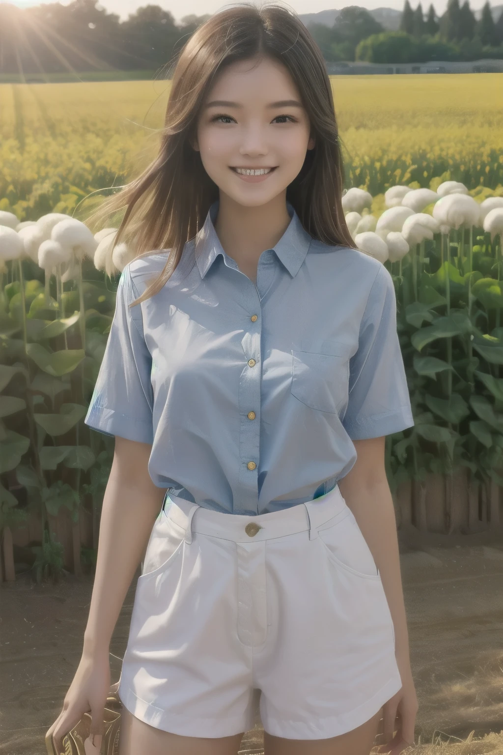 (zh-CN) Farmland, Morning dew, A sun-baked wheat field, leisurely flowering dandelions, (1 beautiful girl), big smiling face under the bright sun, in light cotton clothes, blue shirt, Kind and natural,Girl with a slender body,Thin beautiful girl,slightly tanned skin,It&#39;s hot so I&#39;m wearing light clothing.,