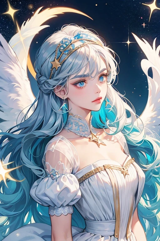 Angelique has a fair completion with orange lipstick with cyan and blue eyes. She has bangs that cover her eyebrows, and her hair is worn down with curls at the end. She wears a headband with silver stars. The top of her dress has a silver star pattern, and the rest of her dress is glittery with swirls. She also has a pair of white angel wings. Her wand has a white base with a gold star with white wings. SPARKLE; GLITTER
