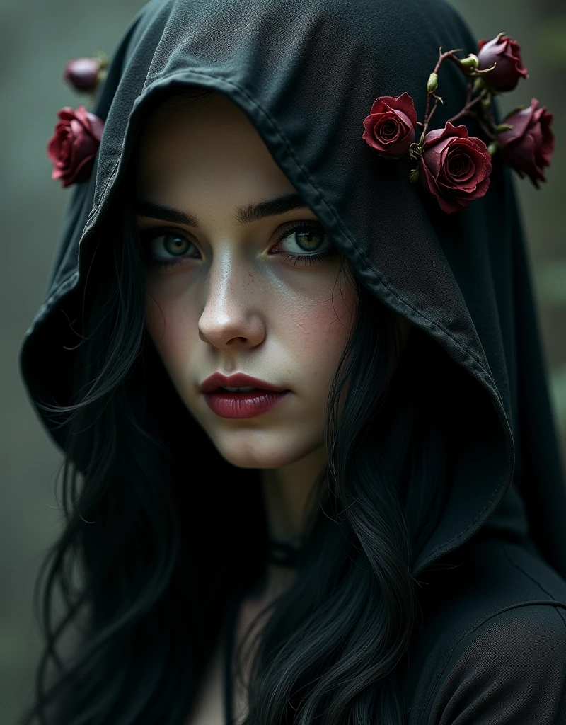 ((Artwork)), ((best quality)), ((close up: 1.0))a woman with a hood and roses in her hair, estilo de dark fantasy art, in the style of dark fantasy art, gothic fantasy art, dark fantasy art, dark fantasy art, gothic maiden, she is the queen of black roses, dark fantasy mixed with realism, dark fantasy style, gothic maiden of the dark, gothic art, Dark digital art, mas detalhado, dark fantasy artwork
