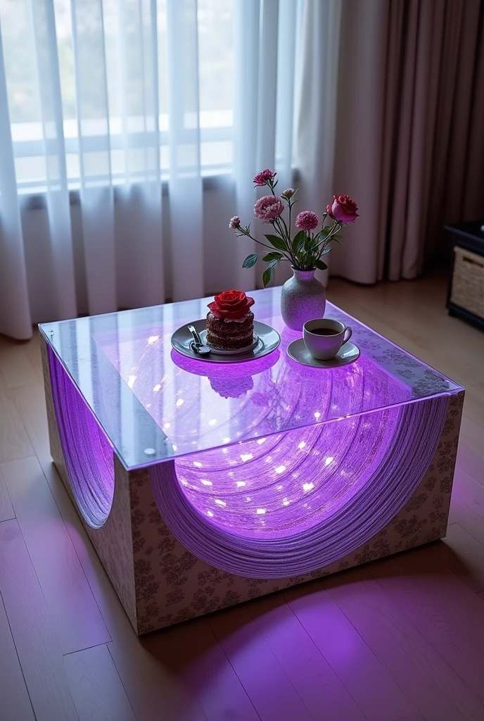 Small square coffee table handcrafted, featuring a reflective glass top that creates a visual effect of a stunning tunnel-like interior, lit from the inside by warm purple LED lighting.. The sides are covered with wallpaper that simulates the look of 3D textured wallpaper.. The table is decorated with simple decorations such as small flowers, a cake and accessories containing a red rose and a coffee cup.. The table is placed on a light-colored wooden floor.. The table design combines simplicity and elegance with a touch of modernity, making it a distinctive piece of art in any room or living room.