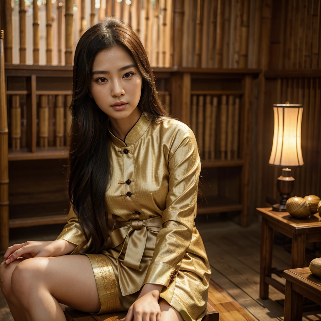 beautiful korean girl with long dark flowing hair, detailed eyes, nose and lips, wear traditional clothes kebaya, sitting making crafts, made of bamboo, HP Comuter (best quality, 4k, 8k, high resolution, masterpiece: 1.2), ultra-detailed, (realistic, photorealistic, photorealistic: 1.37), HDR,  extremely detailed face, landscape, made of bamboo, cinematic lighting, dramatic lighting, full colors