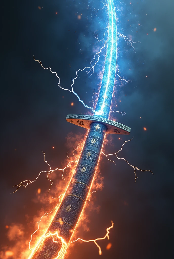 create this object, Shogun&#39;s Katana elongates and lights up with yellow and blue electric flames that dance across its surface, with energy pulsing through the engravings, increasing in intensity as the wielder channels his will. the metallic material appears to stretch and mold into a new shape, keeping the electric blue and yellow glow in details and edges, with engraved symbols that glow with electricity