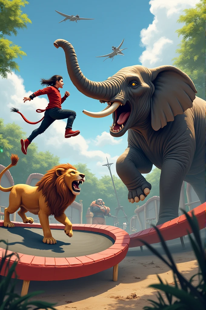 Ninja boy jumping in a trampoline park called Ninja park in a zoo that a lion is swallowing his head and that I am throwing Ninja stars at him while an elephant saves him