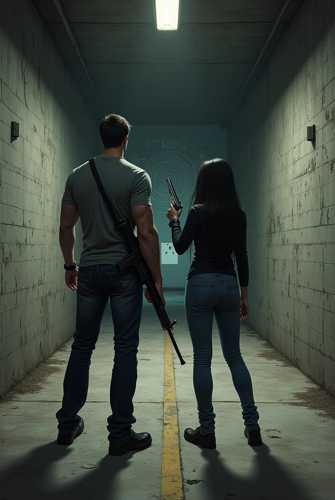 Poorly lit shooting range, with gray brick walls and old paint, with several distant targets ahead. There are 2 people, a strong man in a gray t-shirt, jeans carrying a rifle and a thin woman with long black hair in a black jacket and jeans carrying a pistol, both pointing their guns at the targets.