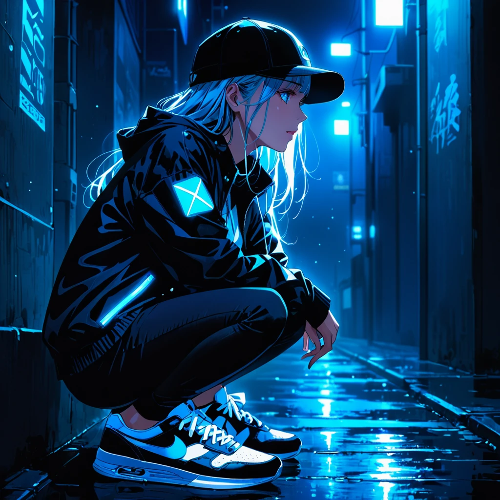 An anime-style illustration of a woman crouching in the dark, looking straight ahead with her face hidden by a cap. She is wearing a street-style jacket and sneakers, both with fluorescent blue accents that stand out in the dark environment.blueeyes high resolution, masterpiece, accurate, 最high quality, High detail, high quality, Very detailed, dark,longhair