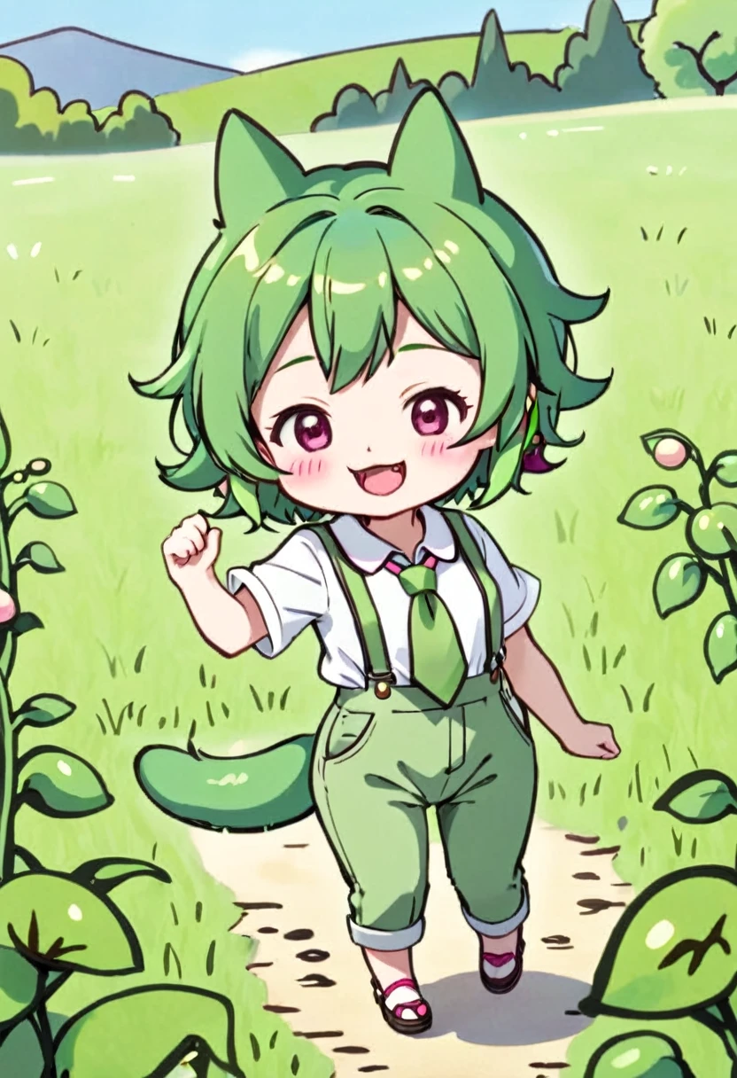 (((tkw))), (zndmn), solo, Full body shot, chibi, green hair, short hair, green clothing, smile, outdoors, field, tail, open mouth, long fang, White short-sleeved blouse, green suspenders attached to green half pants, Pink ribbon tie adorned with green soybean, Edamame-shaped ear accessory, Two heads tall